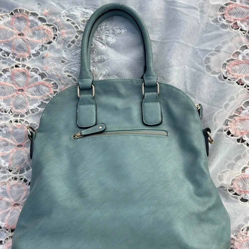 Downeast‎ Satchel Bag Womens Large Blue Faux Leather Tassel Floral Boho Chic